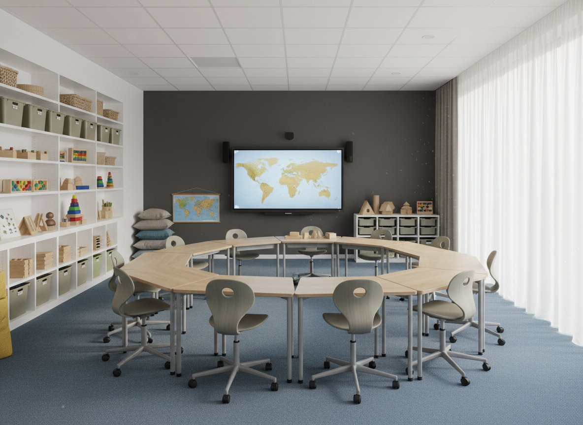 A spacious, modern classroom designed for inclusive education, with rows of ergonomic chairs and adjustable desks arranged in a semi-circle facing a large interactive digital whiteboard. Tactile learning materials, colorful manipulatives, and braille-labelled storage bins are neatly organized on open shelves along one wall. Soft, diffused daylight enters through large windows with sheer curtains, creating gentle, even illumination and minimal shadows. The camera is placed at eye level from the back of the room, showing the entire space in sharp focus. The atmosphere feels professional, welcoming, and highly organized, emphasizing accessibility and thoughtful design in a photographic realism style suitable for an educational portfolio site.