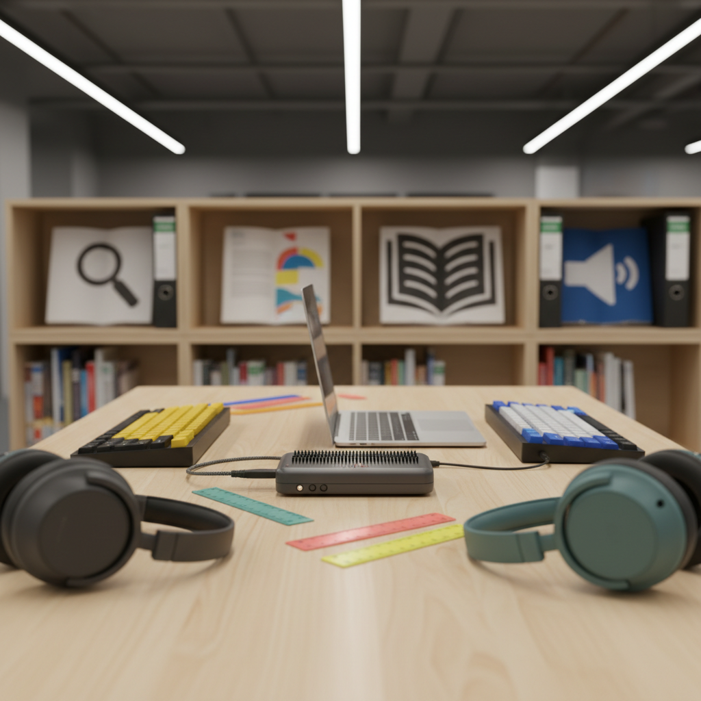 A close-up view of a shared study table in an inclusive learning center, featuring a variety of assistive tools: a sleek braille display connected to a laptop, high-contrast keyboards, noise-cancelling headphones, and colorful tactile rulers spread across a smooth light-wood surface. In the background, slightly out of focus, are low bookshelves with large-print books and binders labeled with bold icons instead of text. Soft overhead LED lighting casts clean, neutral light with subtle reflections on the devices. Shot from a slightly elevated angle with shallow depth of field, the composition focuses on the tools as symbols of accessibility and autonomy, conveying a calm, professional, and empowering mood in photographic realism.